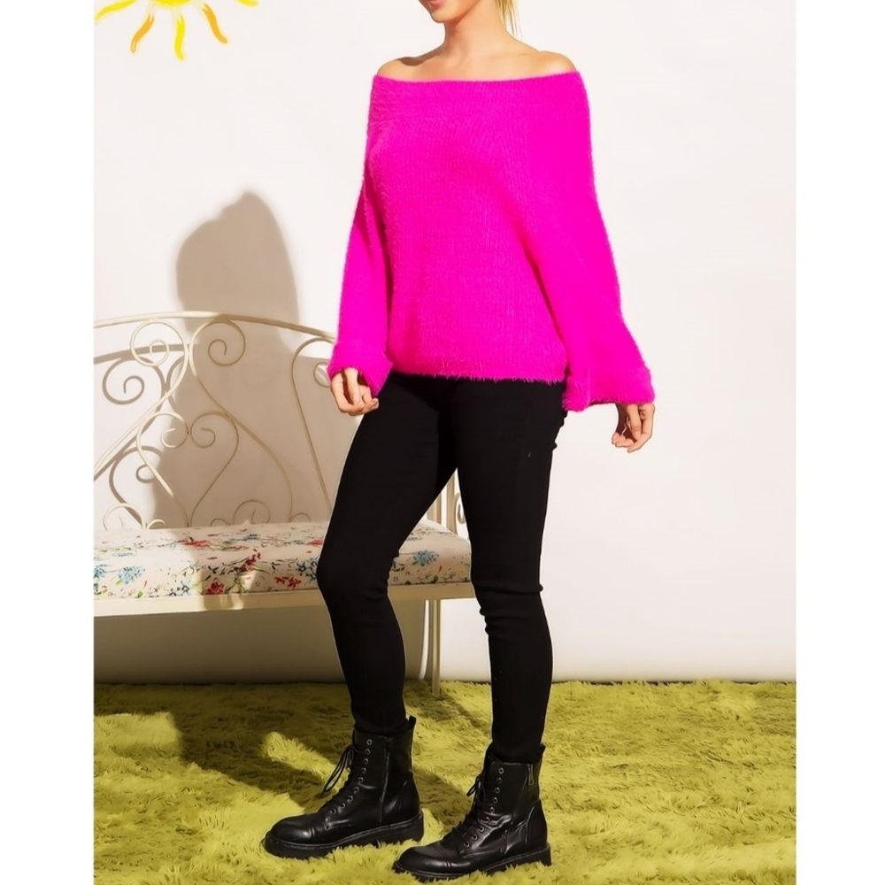 ⭐️Sale!⭐️ SEXY, CHIC & FABULOUS FUCHSIA OFF SHOULDER FURRY WIDE SLEEVES SWEATER - Picture 6 of 7
